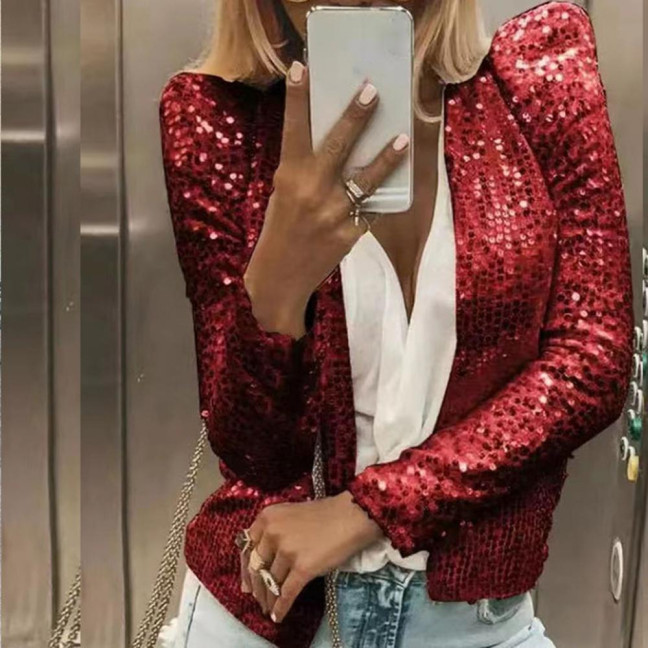 Party Blazer Sequin Decoration Crew Neck Long Sleeves Slim Fit Cardigan Dress Up Streetwear Women Open Front Sequin Jacket Female Clothing