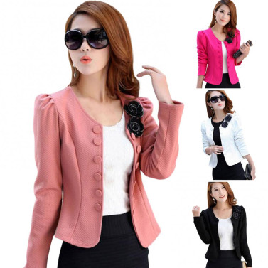 Women Blazer Button Solid Color Long Sleeves Flower Collarless Keep Warm Casual Slim Fit Formal Autumn Coat for Work