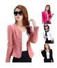 Women Blazer Button Solid Color Long Sleeves Flower Collarless Keep Warm Casual Slim Fit Formal Autumn Coat for Work