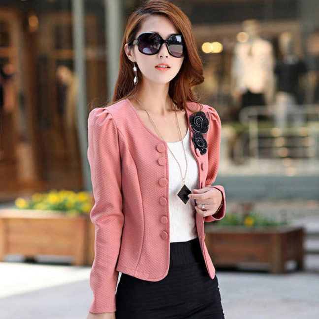 Women Blazer Button Solid Color Long Sleeves Flower Collarless Keep Warm Casual Slim Fit Formal Autumn Coat for Work
