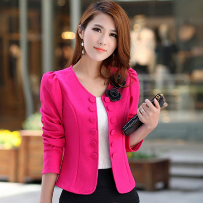 Women Blazer Button Solid Color Long Sleeves Flower Collarless Keep Warm Casual Slim Fit Formal Autumn Coat for Work