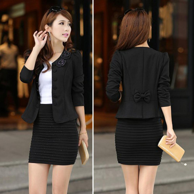 Women Blazer Button Solid Color Long Sleeves Flower Collarless Keep Warm Casual Slim Fit Formal Autumn Coat for Work