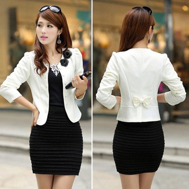 Women Blazer Button Solid Color Long Sleeves Flower Collarless Keep Warm Casual Slim Fit Formal Autumn Coat for Work