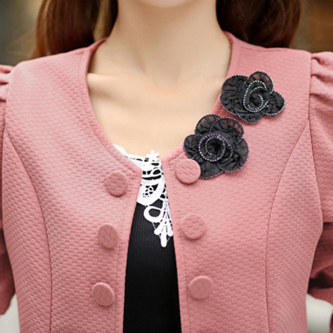 Women Blazer Button Solid Color Long Sleeves Flower Collarless Keep Warm Casual Slim Fit Formal Autumn Coat for Work