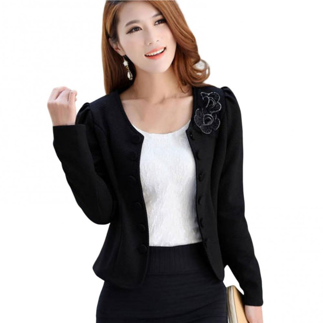 Women Blazer Button Solid Color Long Sleeves Flower Collarless Keep Warm Casual Slim Fit Formal Autumn Coat for Work