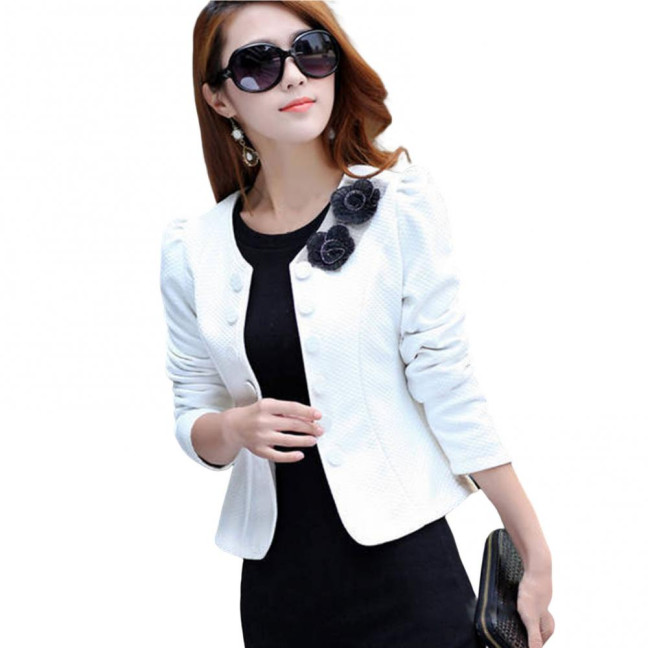 Women Blazer Button Solid Color Long Sleeves Flower Collarless Keep Warm Casual Slim Fit Formal Autumn Coat for Work