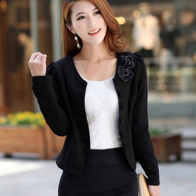 Women Blazer Button Solid Color Long Sleeves Flower Collarless Keep Warm Casual Slim Fit Formal Autumn Coat for Work