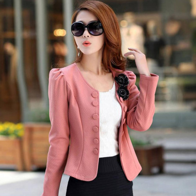 Women Blazer Button Solid Color Long Sleeves Flower Collarless Keep Warm Casual Slim Fit Formal Autumn Coat for Work