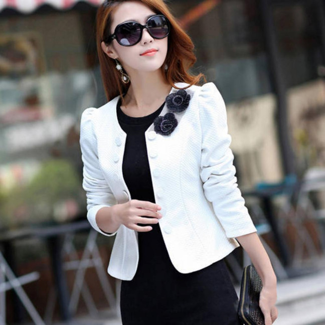 Women Blazer Button Solid Color Long Sleeves Flower Collarless Keep Warm Casual Slim Fit Formal Autumn Coat for Work
