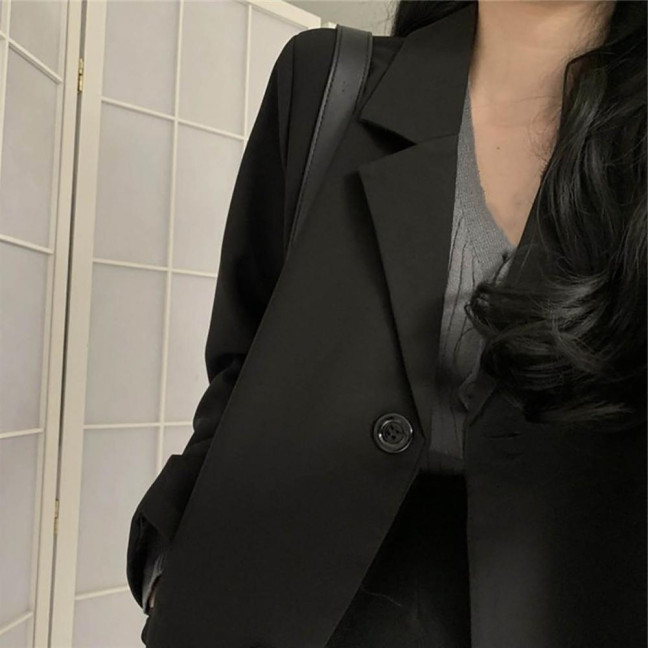 Women Blazer Turn-Down Collar Single Breasted All Match Lady Girl Casual Black Blazer Suit Jacket Coat Daily Wear
