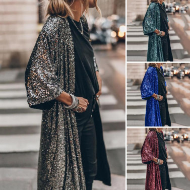 3/4 Sleeve Open Stitch Loose Fit Cardigan Coat Women Shiny Sequins Mid-length Cape Jacket Streetwear
