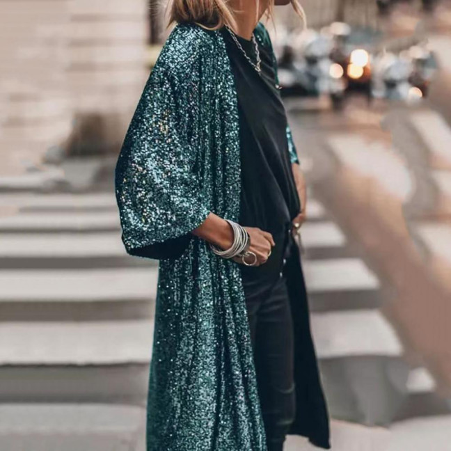 3/4 Sleeve Open Stitch Loose Fit Cardigan Coat Women Shiny Sequins Mid-length Cape Jacket Streetwear