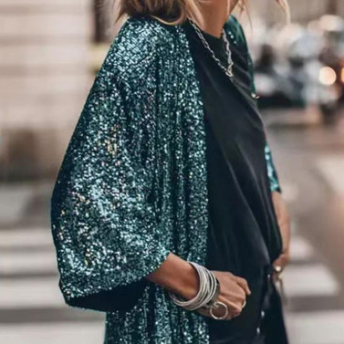3/4 Sleeve Open Stitch Loose Fit Cardigan Coat Women Shiny Sequins Mid-length Cape Jacket Streetwear