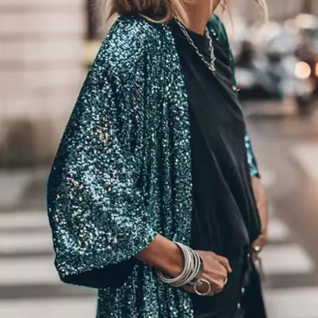 3/4 Sleeve Open Stitch Loose Fit Cardigan Coat Women Shiny Sequins Mid-length Cape Jacket Streetwear