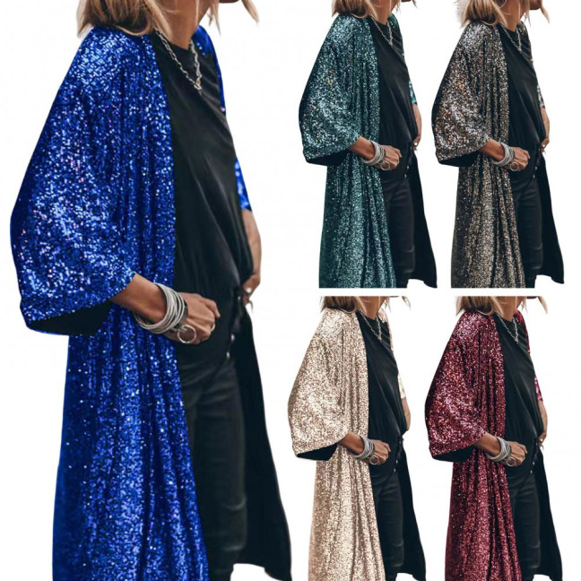 3/4 Sleeve Open Stitch Loose Fit Cardigan Coat Women Shiny Sequins Mid-length Cape Jacket Streetwear