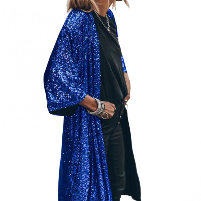 3/4 Sleeve Open Stitch Loose Fit Cardigan Coat Women Shiny Sequins Mid-length Cape Jacket Streetwear