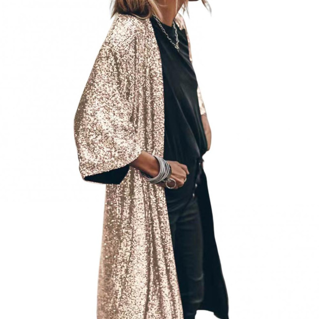 3/4 Sleeve Open Stitch Loose Fit Cardigan Coat Women Shiny Sequins Mid-length Cape Jacket Streetwear