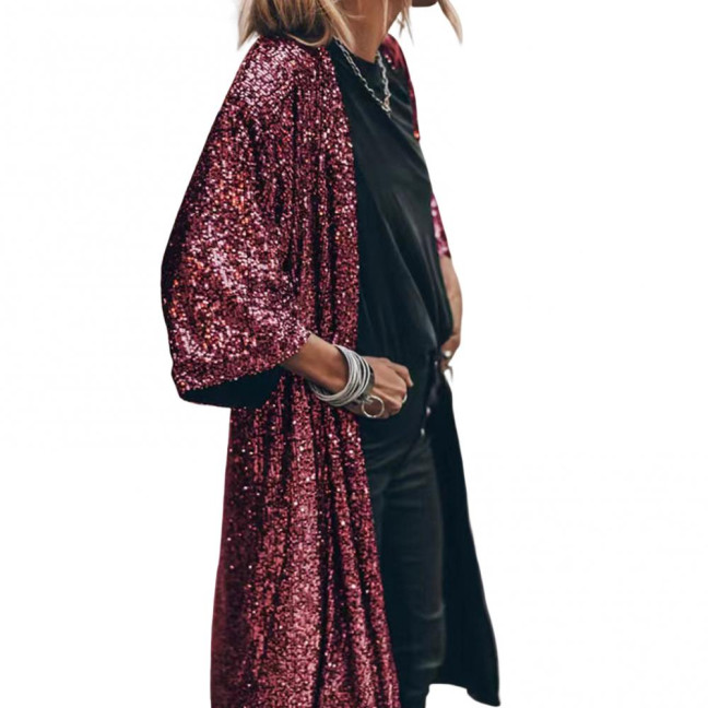 3/4 Sleeve Open Stitch Loose Fit Cardigan Coat Women Shiny Sequins Mid-length Cape Jacket Streetwear