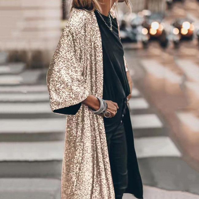 3/4 Sleeve Open Stitch Loose Fit Cardigan Coat Women Shiny Sequins Mid-length Cape Jacket Streetwear