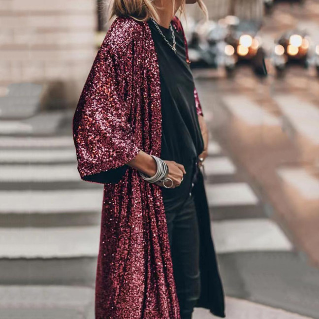 3/4 Sleeve Open Stitch Loose Fit Cardigan Coat Women Shiny Sequins Mid-length Cape Jacket Streetwear