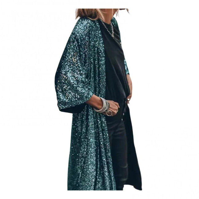 3/4 Sleeve Open Stitch Loose Fit Cardigan Coat Women Shiny Sequins Mid-length Cape Jacket Streetwear