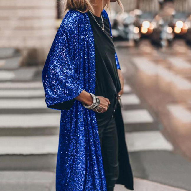 3/4 Sleeve Open Stitch Loose Fit Cardigan Coat Women Shiny Sequins Mid-length Cape Jacket Streetwear
