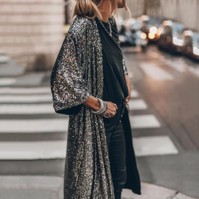 3/4 Sleeve Open Stitch Loose Fit Cardigan Coat Women Shiny Sequins Mid-length Cape Jacket Streetwear