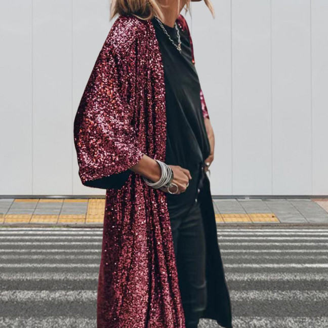 3/4 Sleeve Open Stitch Loose Fit Cardigan Coat Women Shiny Sequins Mid-length Cape Jacket Streetwear