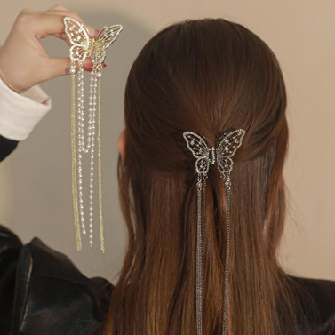 Hair Clip Realistic Butterflies Luxury Hollow Out Long Tassel Faux Pearl Fix Hair Non-Slip Hair Decoration Stable Back Head Hair Clip Hair Accessories