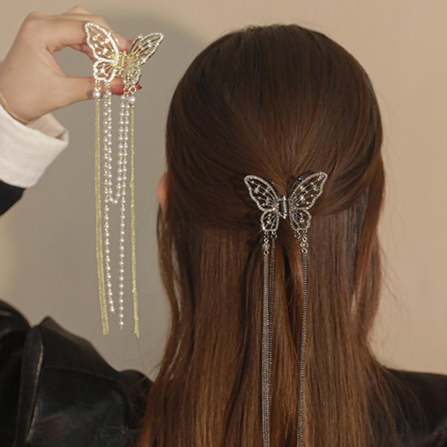 Hair Clip Realistic Butterflies Luxury Hollow Out Long Tassel Faux Pearl Fix Hair Non-Slip Hair Decoration Stable Back Head Hair Clip Hair Accessories