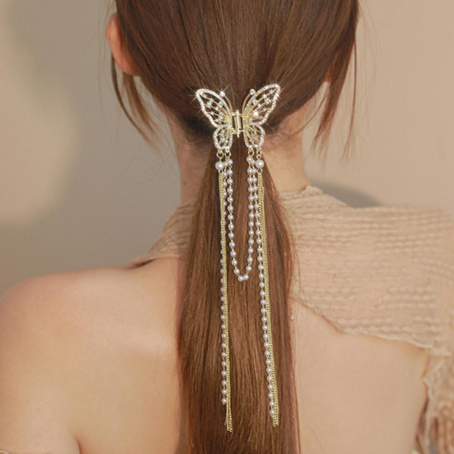 Hair Clip Realistic Butterflies Luxury Hollow Out Long Tassel Faux Pearl Fix Hair Non-Slip Hair Decoration Stable Back Head Hair Clip Hair Accessories