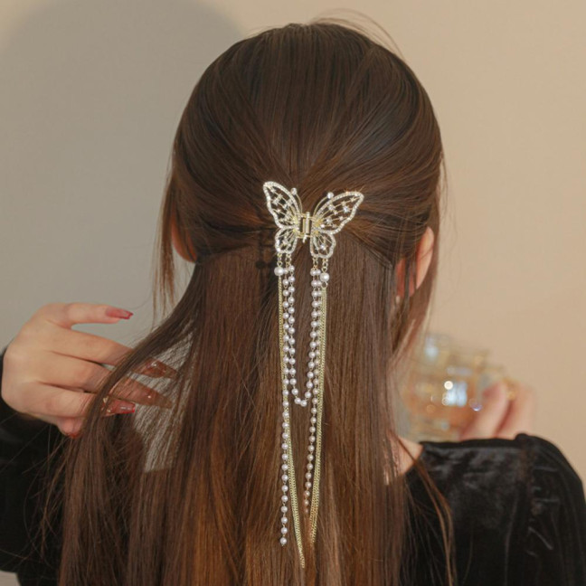Hair Clip Realistic Butterflies Luxury Hollow Out Long Tassel Faux Pearl Fix Hair Non-Slip Hair Decoration Stable Back Head Hair Clip Hair Accessories