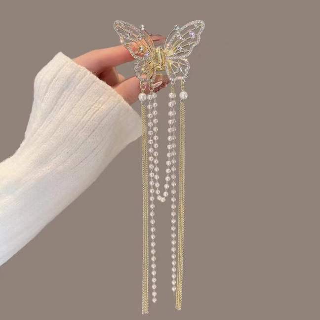 Hair Clip Realistic Butterflies Luxury Hollow Out Long Tassel Faux Pearl Fix Hair Non-Slip Hair Decoration Stable Back Head Hair Clip Hair Accessories