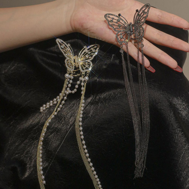 Hair Clip Realistic Butterflies Luxury Hollow Out Long Tassel Faux Pearl Fix Hair Non-Slip Hair Decoration Stable Back Head Hair Clip Hair Accessories