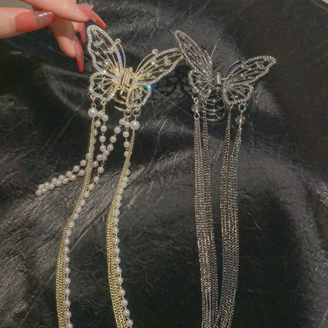 Hair Clip Realistic Butterflies Luxury Hollow Out Long Tassel Faux Pearl Fix Hair Non-Slip Hair Decoration Stable Back Head Hair Clip Hair Accessories