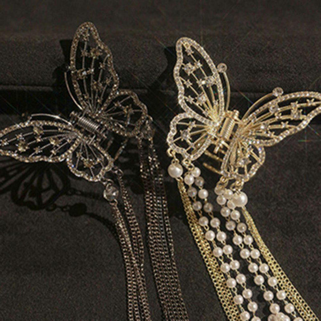 Hair Clip Realistic Butterflies Luxury Hollow Out Long Tassel Faux Pearl Fix Hair Non-Slip Hair Decoration Stable Back Head Hair Clip Hair Accessories