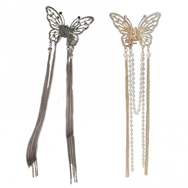 Hair Clip Realistic Butterflies Luxury Hollow Out Long Tassel Faux Pearl Fix Hair Non-Slip Hair Decoration Stable Back Head Hair Clip Hair Accessories