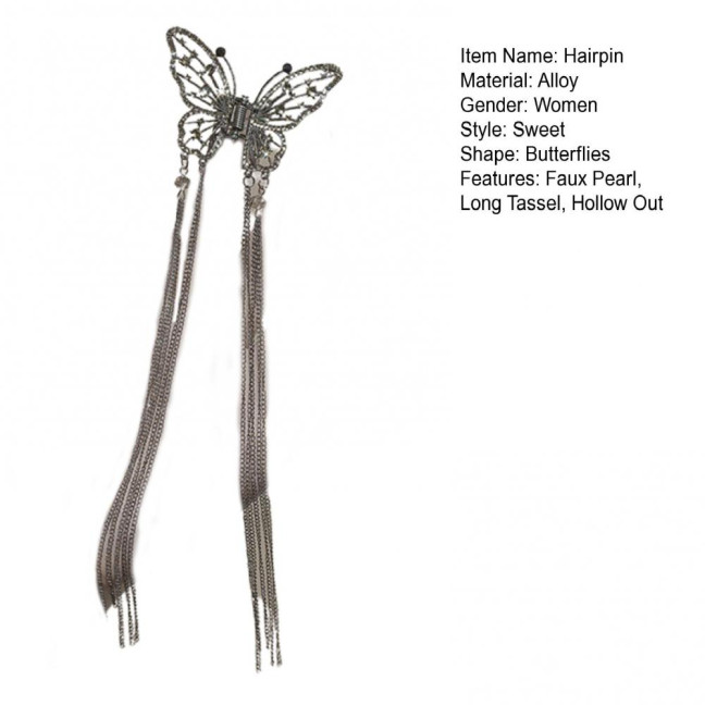 Hair Clip Realistic Butterflies Luxury Hollow Out Long Tassel Faux Pearl Fix Hair Non-Slip Hair Decoration Stable Back Head Hair Clip Hair Accessories