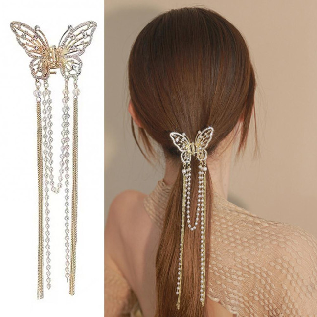 Hair Clip Realistic Butterflies Luxury Hollow Out Long Tassel Faux Pearl Fix Hair Non-Slip Hair Decoration Stable Back Head Hair Clip Hair Accessories