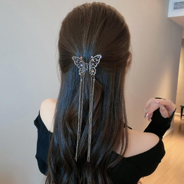 Hair Clip Realistic Butterflies Luxury Hollow Out Long Tassel Faux Pearl Fix Hair Non-Slip Hair Decoration Stable Back Head Hair Clip Hair Accessories