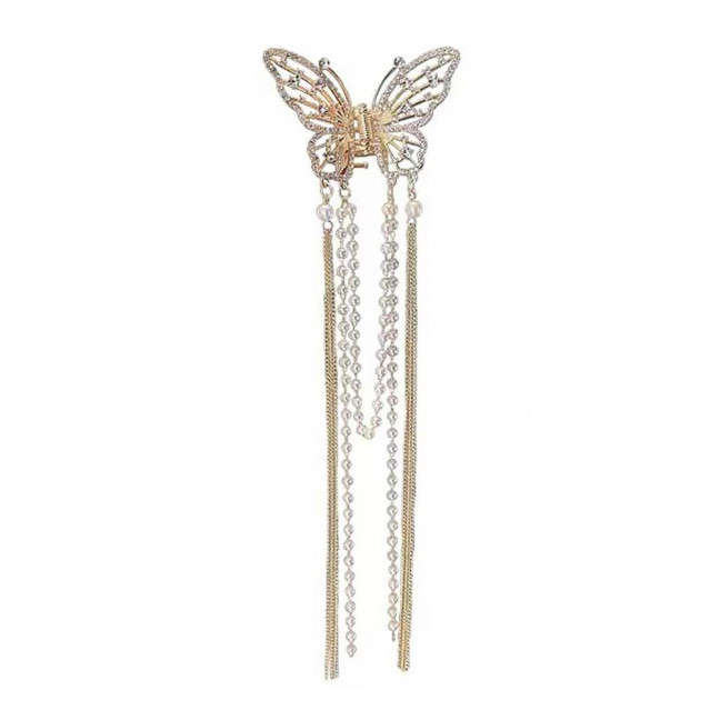 Hair Clip Realistic Butterflies Luxury Hollow Out Long Tassel Faux Pearl Fix Hair Non-Slip Hair Decoration Stable Back Head Hair Clip Hair Accessories