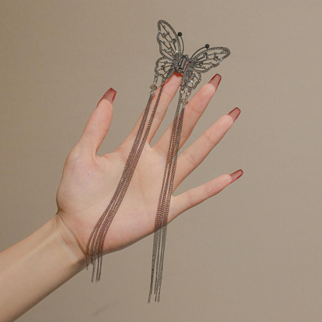 Hair Clip Realistic Butterflies Luxury Hollow Out Long Tassel Faux Pearl Fix Hair Non-Slip Hair Decoration Stable Back Head Hair Clip Hair Accessories