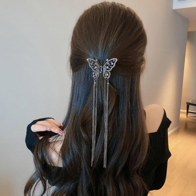 Hair Clip Realistic Butterflies Luxury Hollow Out Long Tassel Faux Pearl Fix Hair Non-Slip Hair Decoration Stable Back Head Hair Clip Hair Accessories