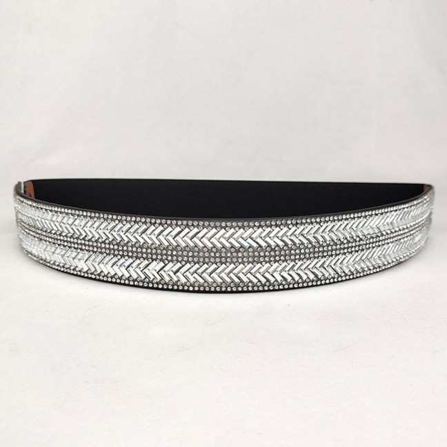 Women Belt Adjustable Elastic Band Shiny Rhinestone Wide Anti-slip Clothes Matching Anti-break Tight Waist Dress Waistband Clothes Accessory
