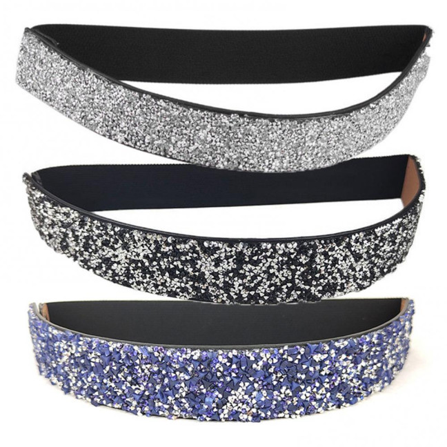 Women Belt Adjustable Elastic Band Shiny Rhinestone Wide Anti-slip Clothes Matching Anti-break Tight Waist Dress Waistband Clothes Accessory