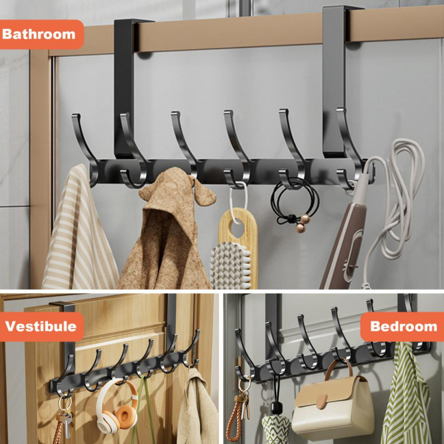 Over Door Hook with 5/6/7 Hooks Punch Free Removable Heavy Duty Carbon Steel Door Back Mount Hanging Coat Towel Bag Hat Scarf Organizer Rack Hanger Home Supplies