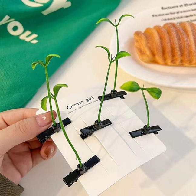 100 Pcs Bean Sprout Hair Clips Plant Hairpins Anti-slip Fake Leaf Funny Shape Long Green Sprout Decor Adult Children Hair Decoration Hair Clips 