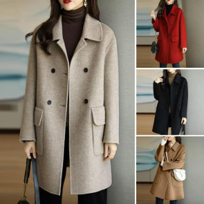 Women Autumn Winter Solid Color Woolen Coat Lapel Double Breasted Flap Pockets Mid-length Loose Fit Thickened Warm Overcoat Streetwear