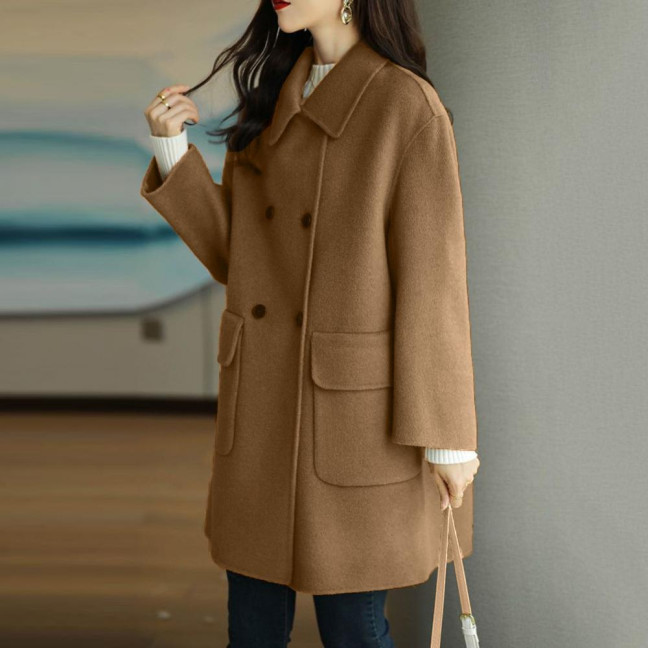 Women Autumn Winter Solid Color Woolen Coat Lapel Double Breasted Flap Pockets Mid-length Loose Fit Thickened Warm Overcoat Streetwear