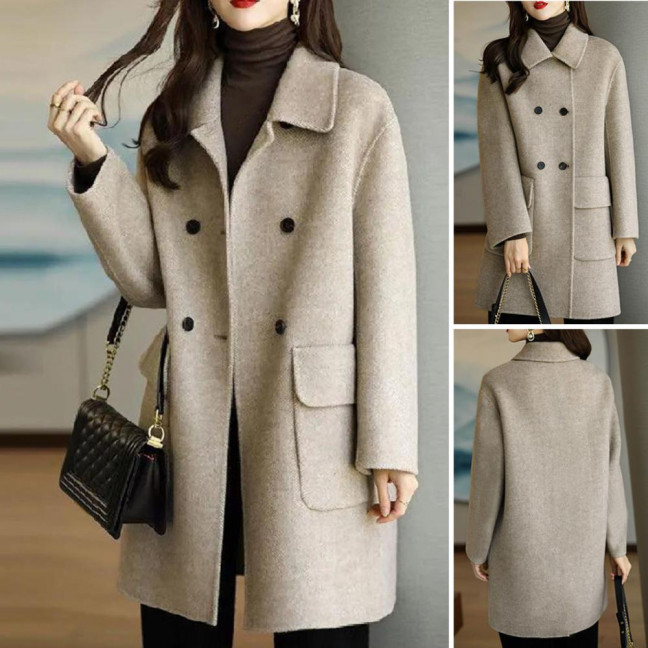 Women Autumn Winter Solid Color Woolen Coat Lapel Double Breasted Flap Pockets Mid-length Loose Fit Thickened Warm Overcoat Streetwear